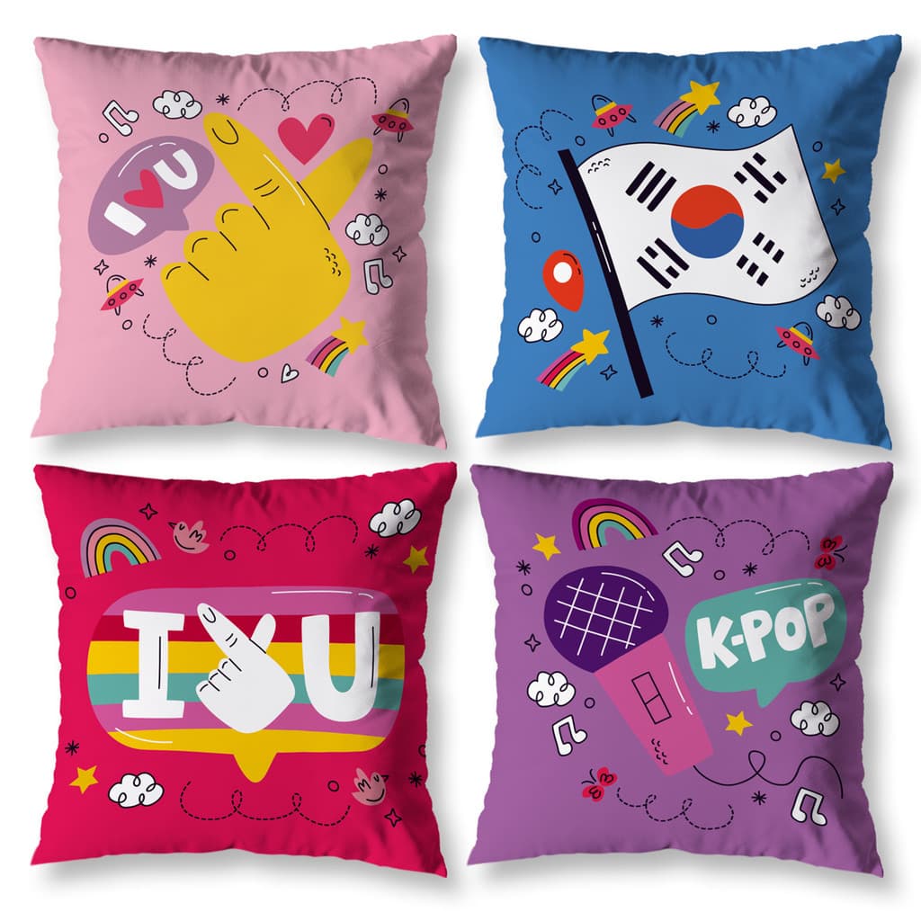 Kit 4 Almofadas KPOP Decorativa Cheias Com Refil Estampada Cultura Digital Moderna Com Zíper