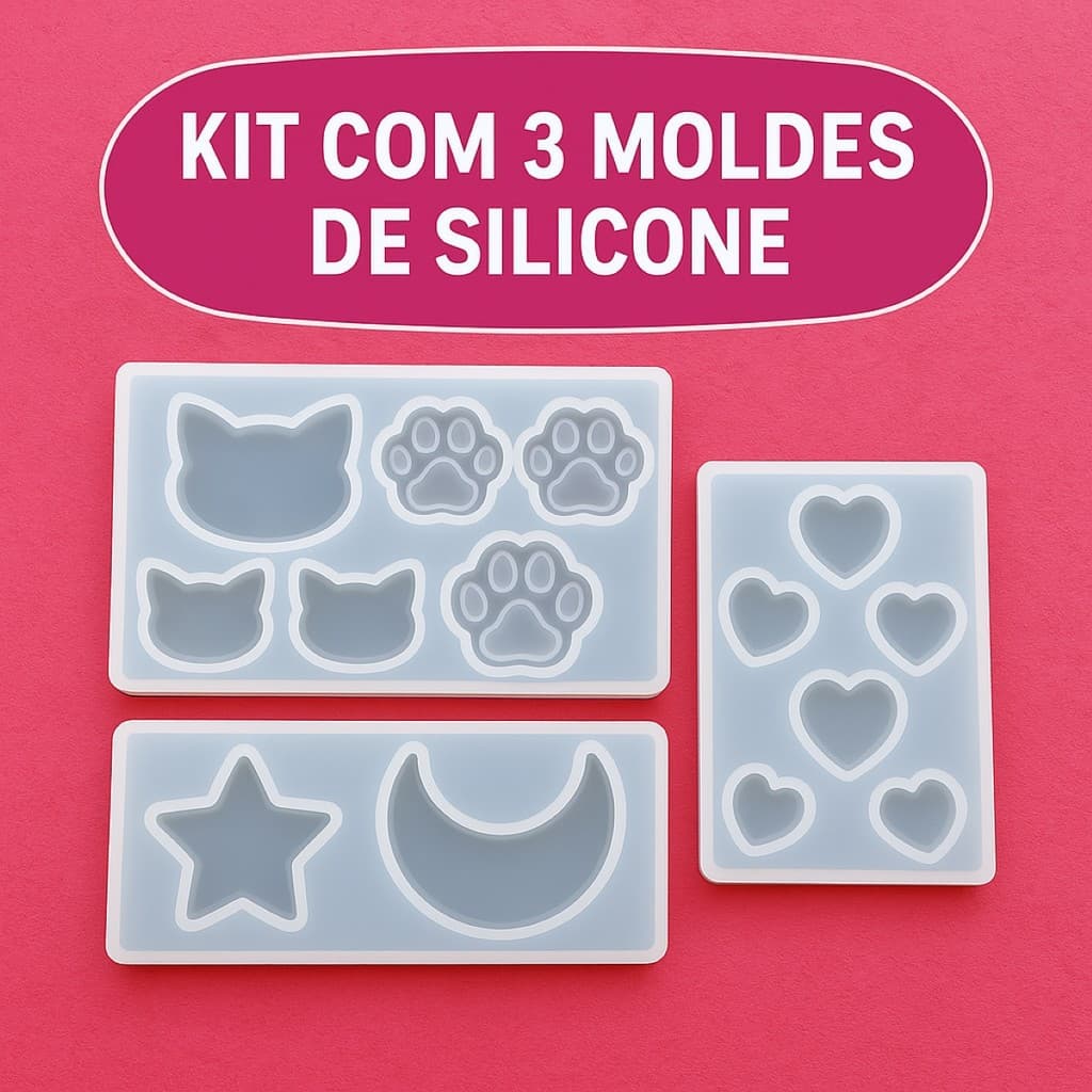 Kit 3 Molde Silicone Coração Pata De Gato Lua Estrela Para Brinco Chaveiro Pingente Colar Resina DIY