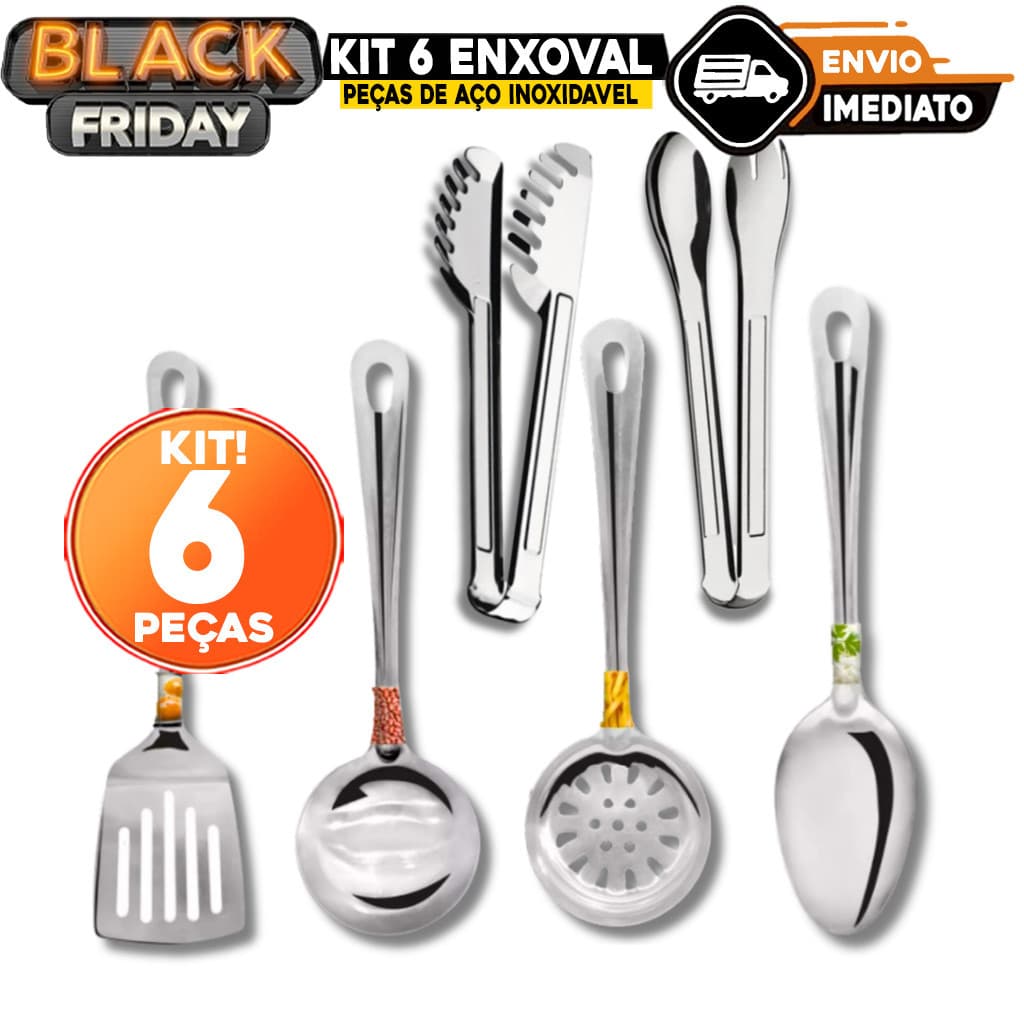 Kit 6 Enxoval Completo Utensilio Inox Pegador Salada Massas Concha Espatula Colher Escumadeira