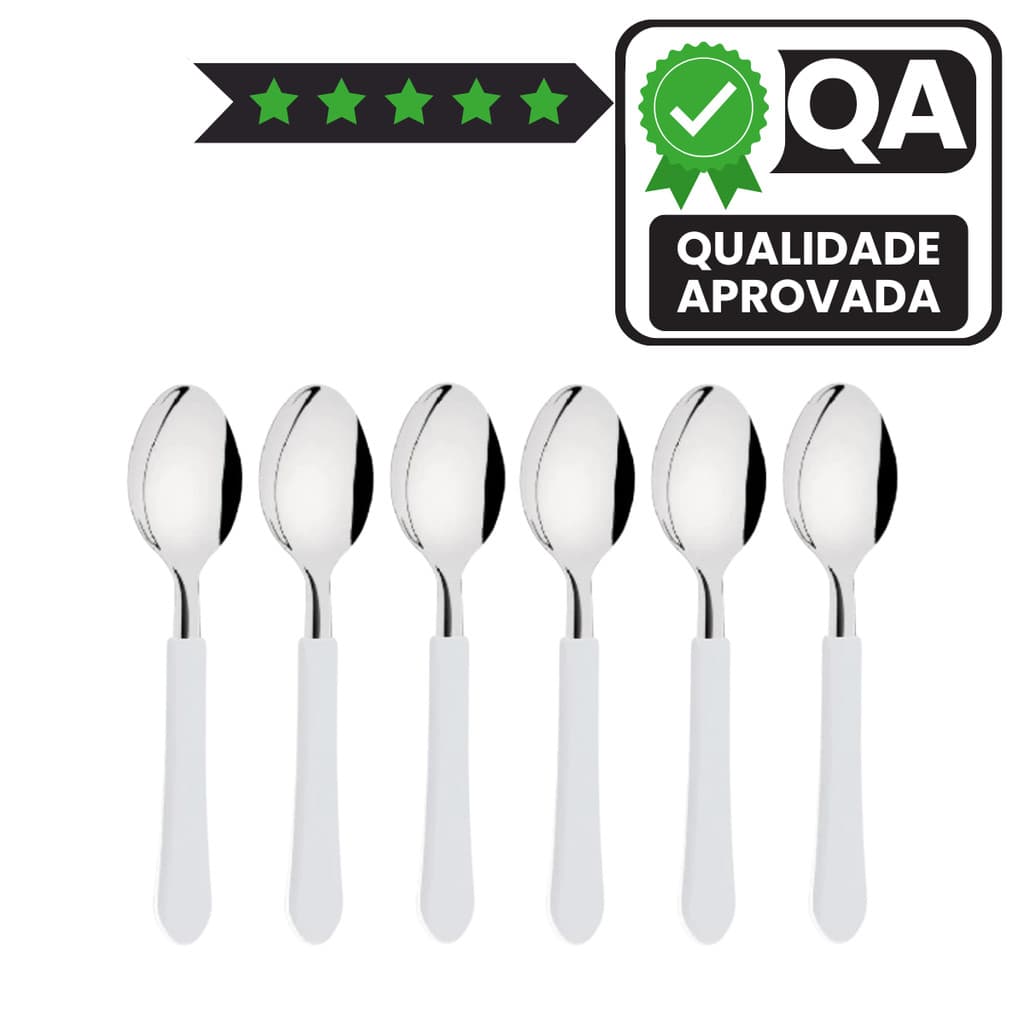 Kit 6 Colheres Sopa Sobremesa Aço Inox  Branco