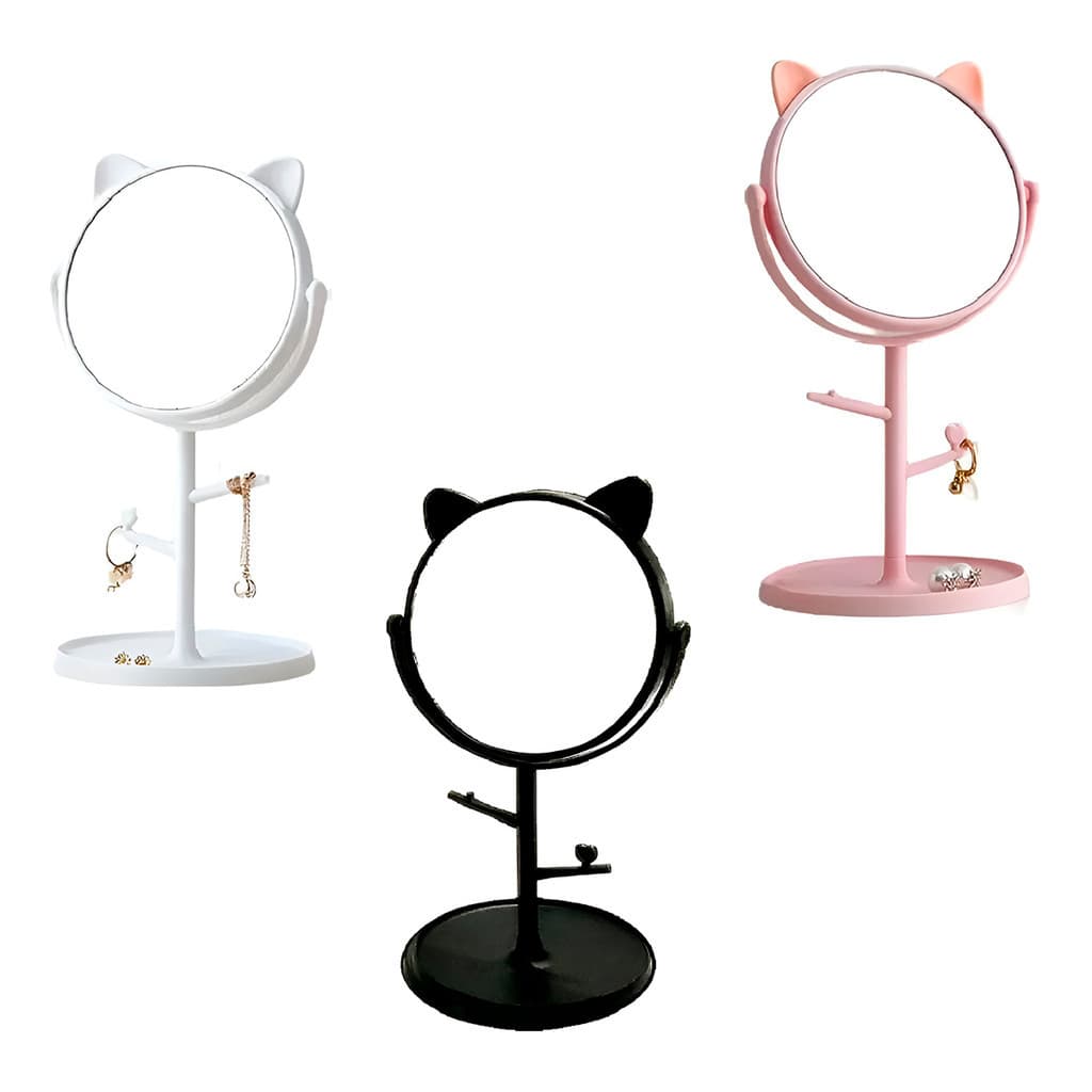 Espelho de Mesa com Suporte Orelha de Gatinho Maquiagem Cor:Preto