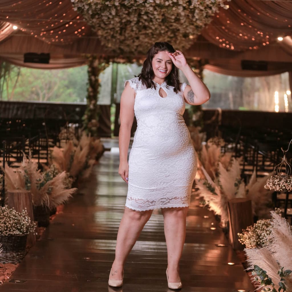 Vestido Branco Midi Plus Size Noiva Civil Trançado Nas Costas Elegante Feminino Casamento Festa Luxo