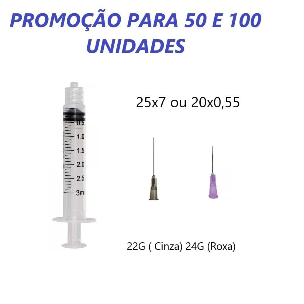 50 / 100 Unidades de Seringa de 3ml Lock com agulha com 25x7 (Cinza/ Preta) ou 20x55 (Roxa / Lilás).