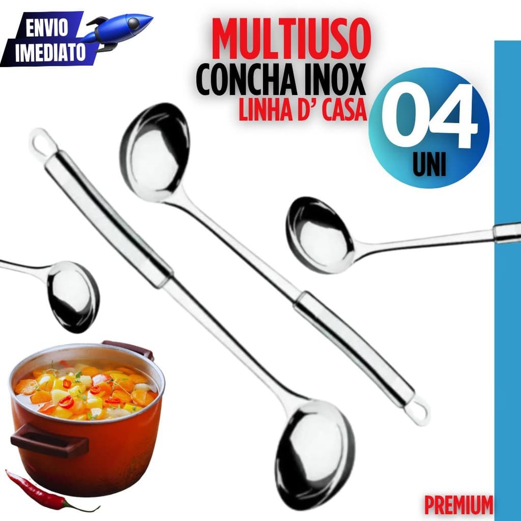 Kit 04 Conchas de Inox com Cabo Grosso Premium (23cm) – Ideal para Feijão, Caldos e Molhos | Alta Durabilidade