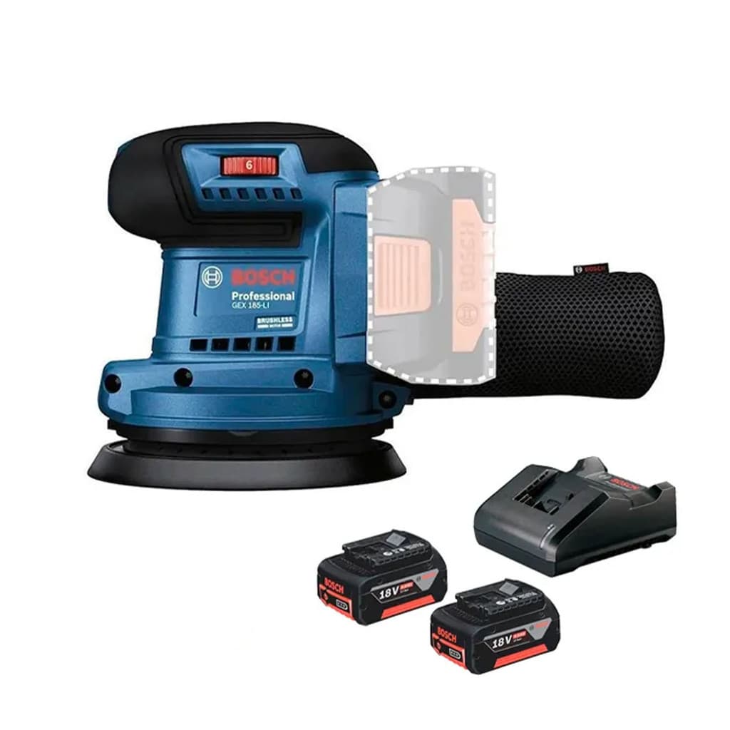 Lixadeira Roto Orbital 5" a Bateria 18V Bosch GEX 185-LI com Kit 2 Bateria 18V 4A e Carregador Bivolt