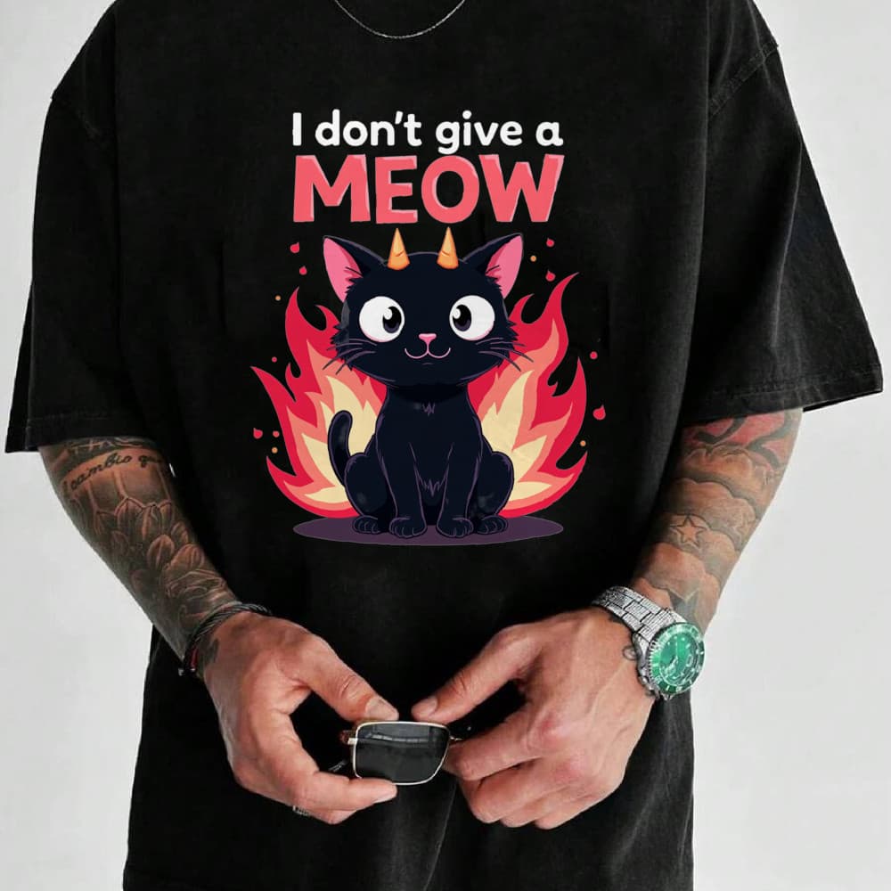 Camiseta Masculina Gato com Fogo I don't give a MEOW Streetwear 2025 Novo