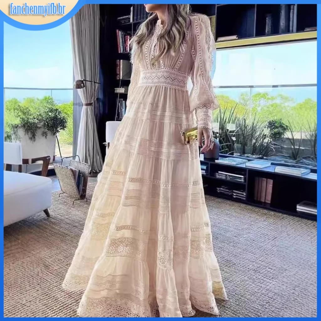 Verão Outono Férias Manga Longa Midi Bordado Branco Vestido De Baile Feminino Retalhos Renda Uma Linha Oco Para Fora Ves