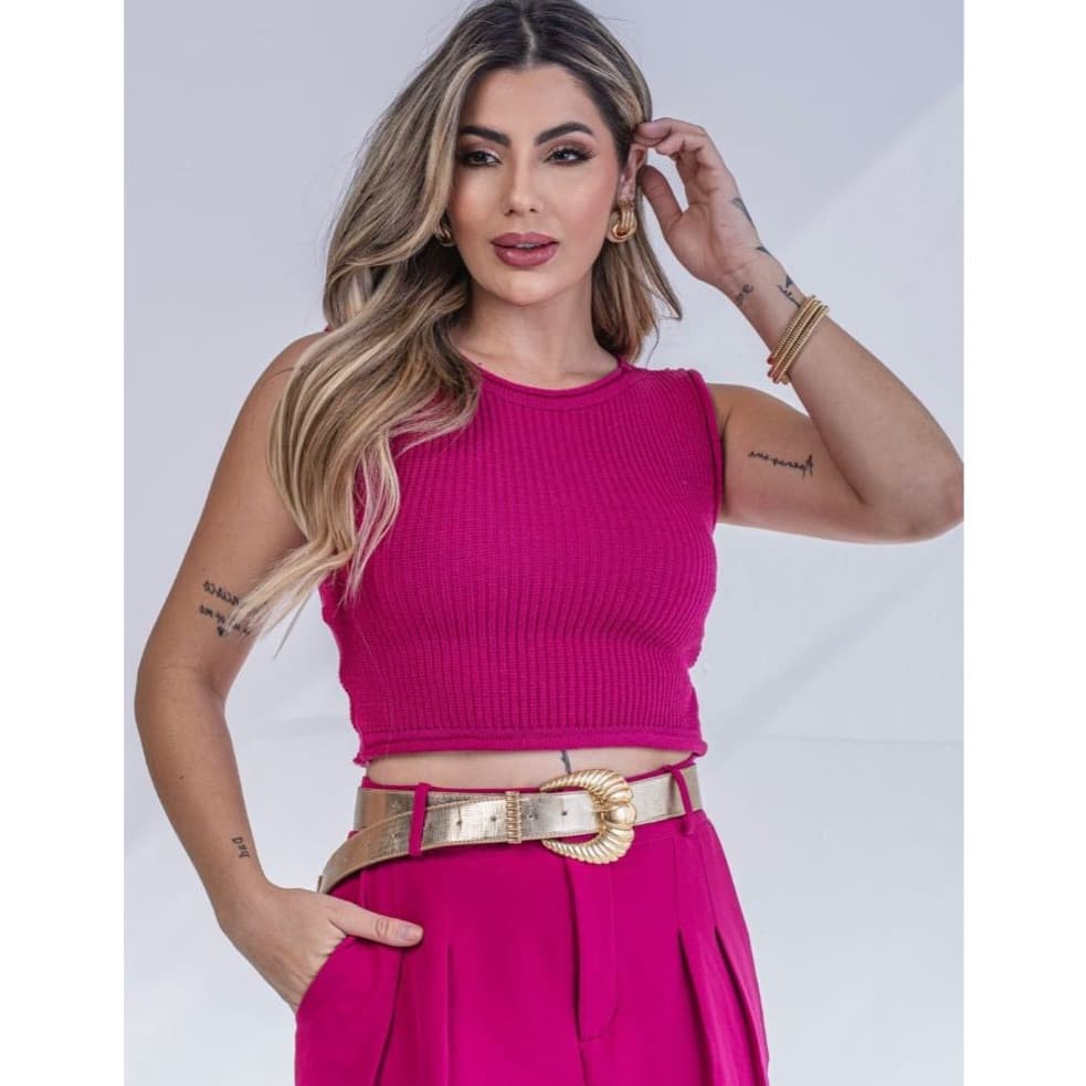 Cropped  Tricot  Regata Verão Ponto Fang Moda Feminino Decote Canoa Elegante Charmilly Tricot