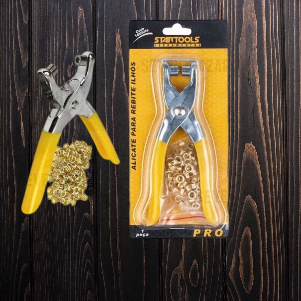 Alicate para colocar Ilhós + 100 Ilhoses Dourados ideal para Artesanato Papelaria em geral