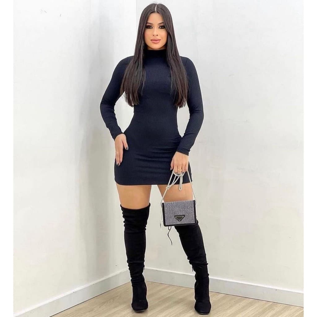 Vestido curto canelado manga longa gola alta feminino look estiloso quentinho confortável para o frio inverno 2025