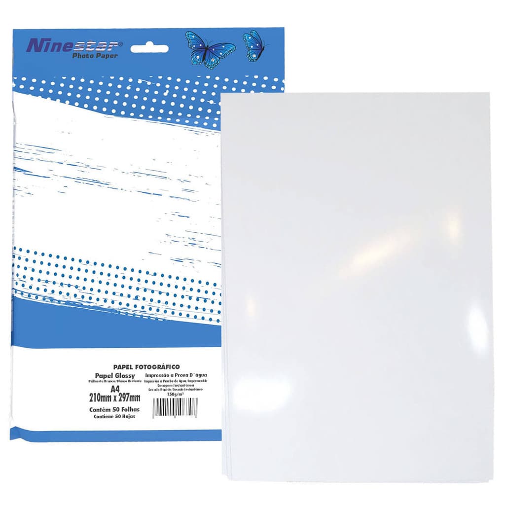 Papel Glossy Fotográfico 150g A4 Branco Brilhante Ninestar Pacote com 50 folhas
