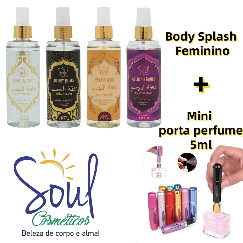Kit Body Splash Feminino 200ml Soul Cosméticos + Mini Porta-Perfume 5ml | Fragrância + Refil Portátil (Cor Sortida)