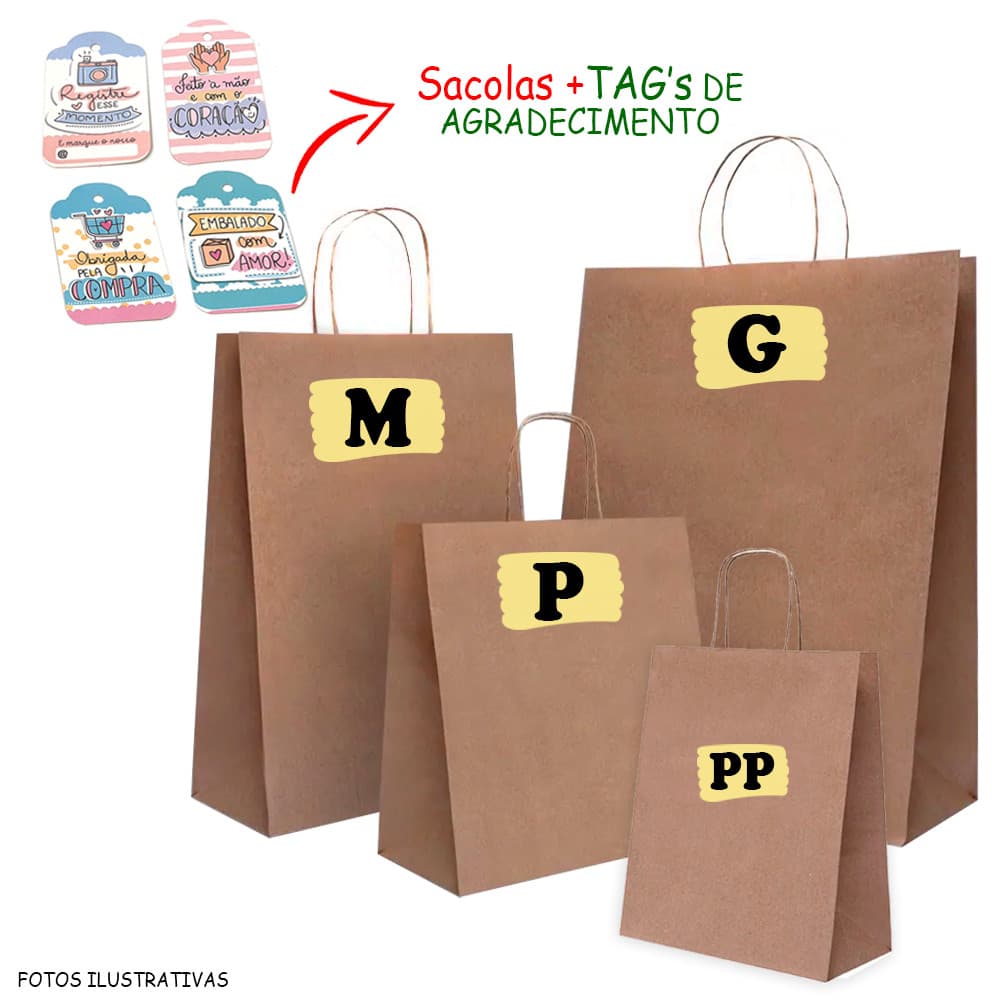 15 Sacola de Papel Kraft Pardo Delivery C/ Alça (com TAG de agradecimento) Escolha o Tamanho