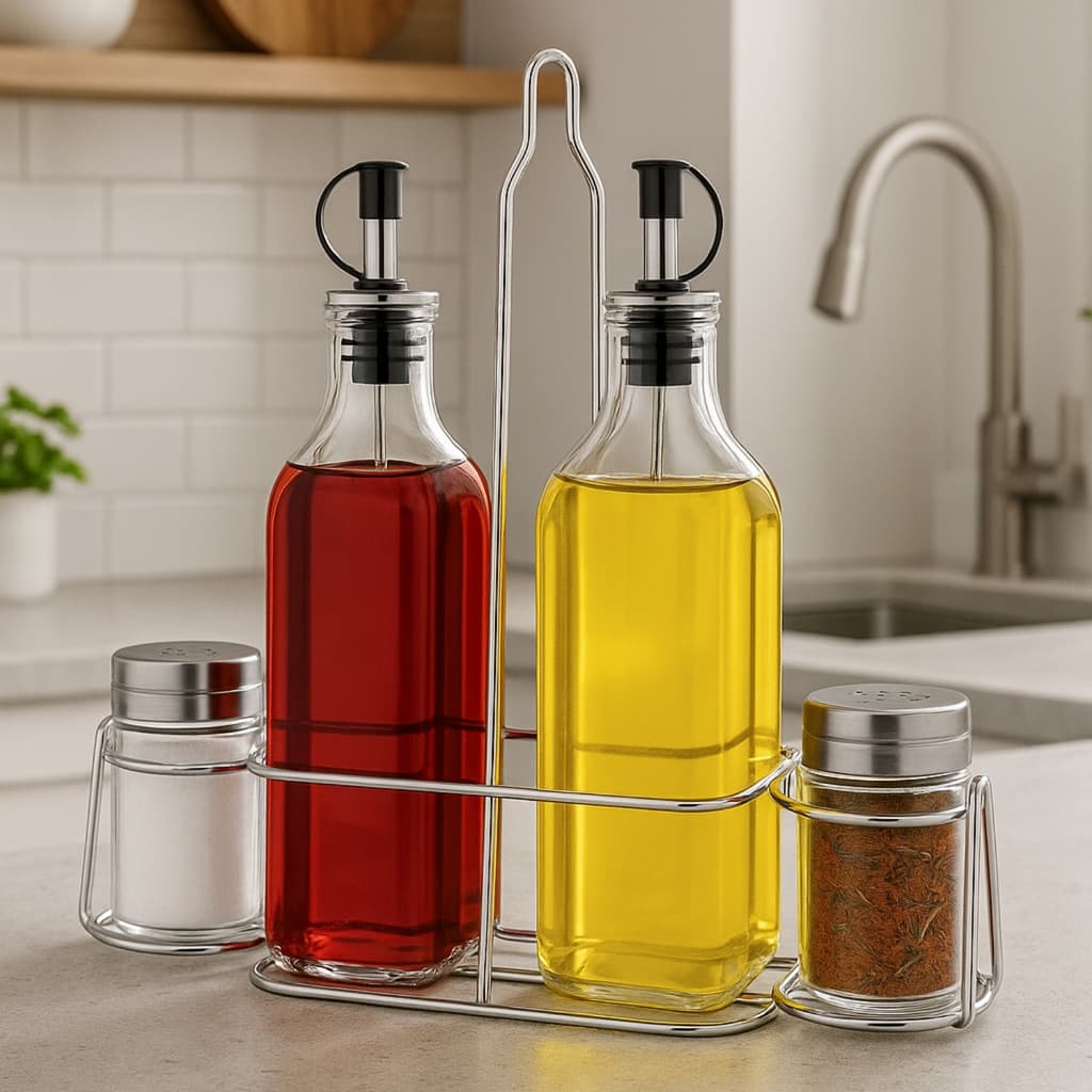 Kit Galheteiros Porta Condimentos C/ Suporte 5 Peças Porta Azeite Vinagre Óleo Temperos Sal Cozinha