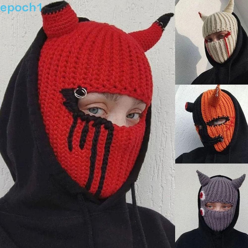 Gorro De Chifre Do Diabo EPOCH1 , Chapéu Balaclava De Malha De Halloween Com Cobertura Facial Completa , Máscara De Esqu