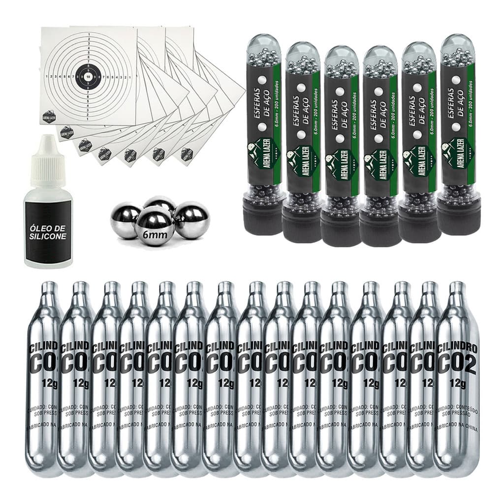 Kit CO2 12g 15un + 1200 Esferas Aço 6mm + 50 Alvos 14x14cm + Silicone Lubrificante Airgun Pistola