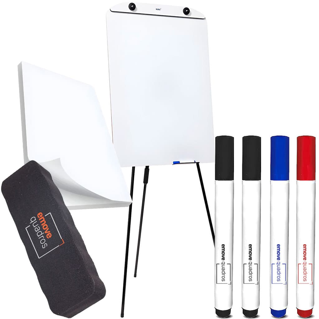 Quadro Cavalete 90x60 Flip Chat Retrátil Tripé  Magnético  Lousa Branca Com Bloco De Folhas 4 Canetas Apagador