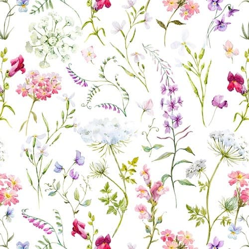 Papel de Parede para quarto Floral Branco com Flores Rosa Roxa Sofisticado e Delicado