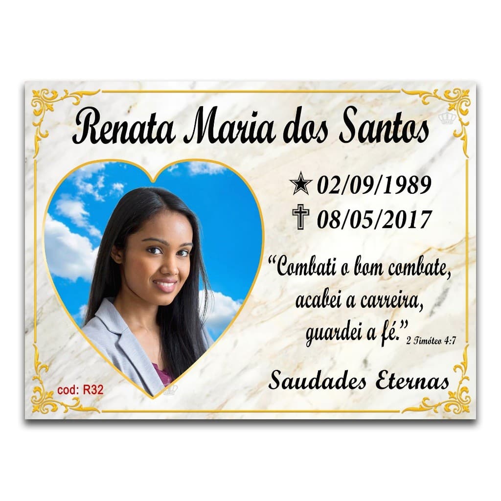 Lápide para Túmulo em porcelana 20x20 com fundo marmorizado com foto em mensagem