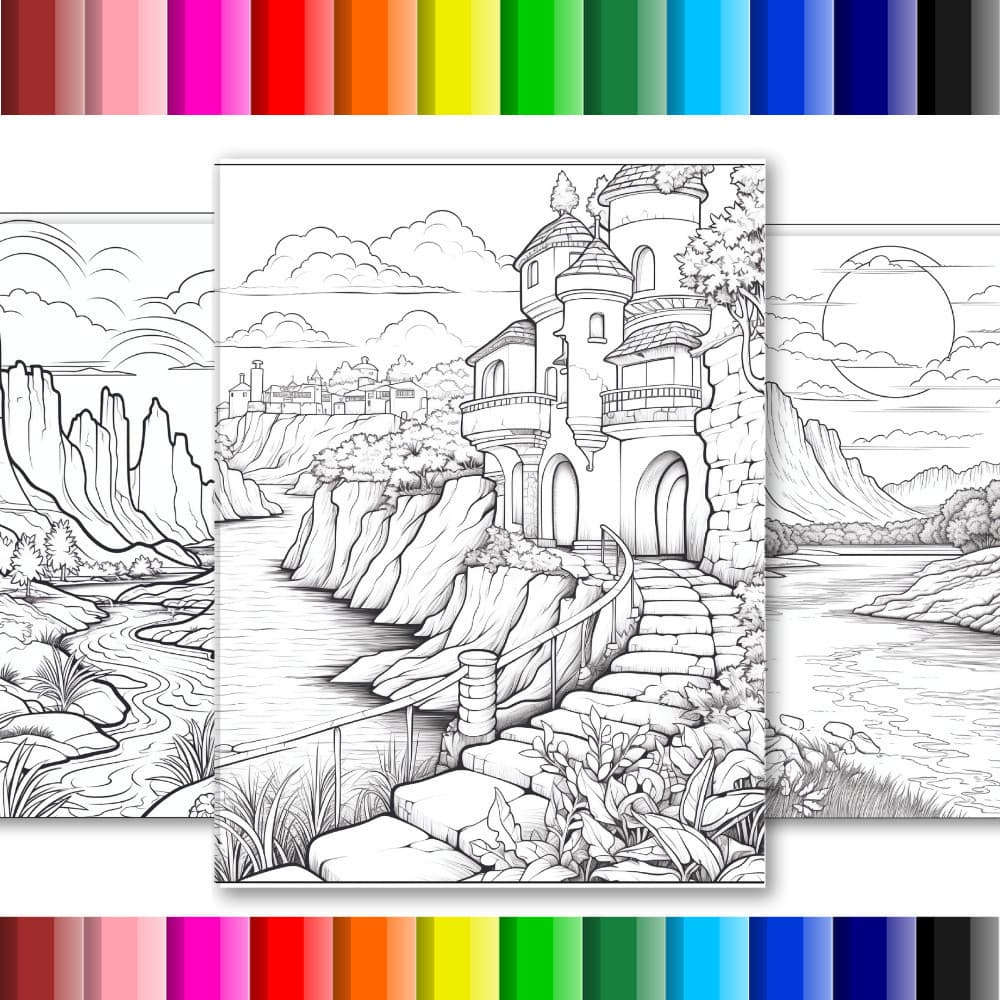 Desenhos para colorir Adulto FOLHAS SOLTAS  de Paisagens e casas - 50 folhas soltas A5(metade de uma folha A4)