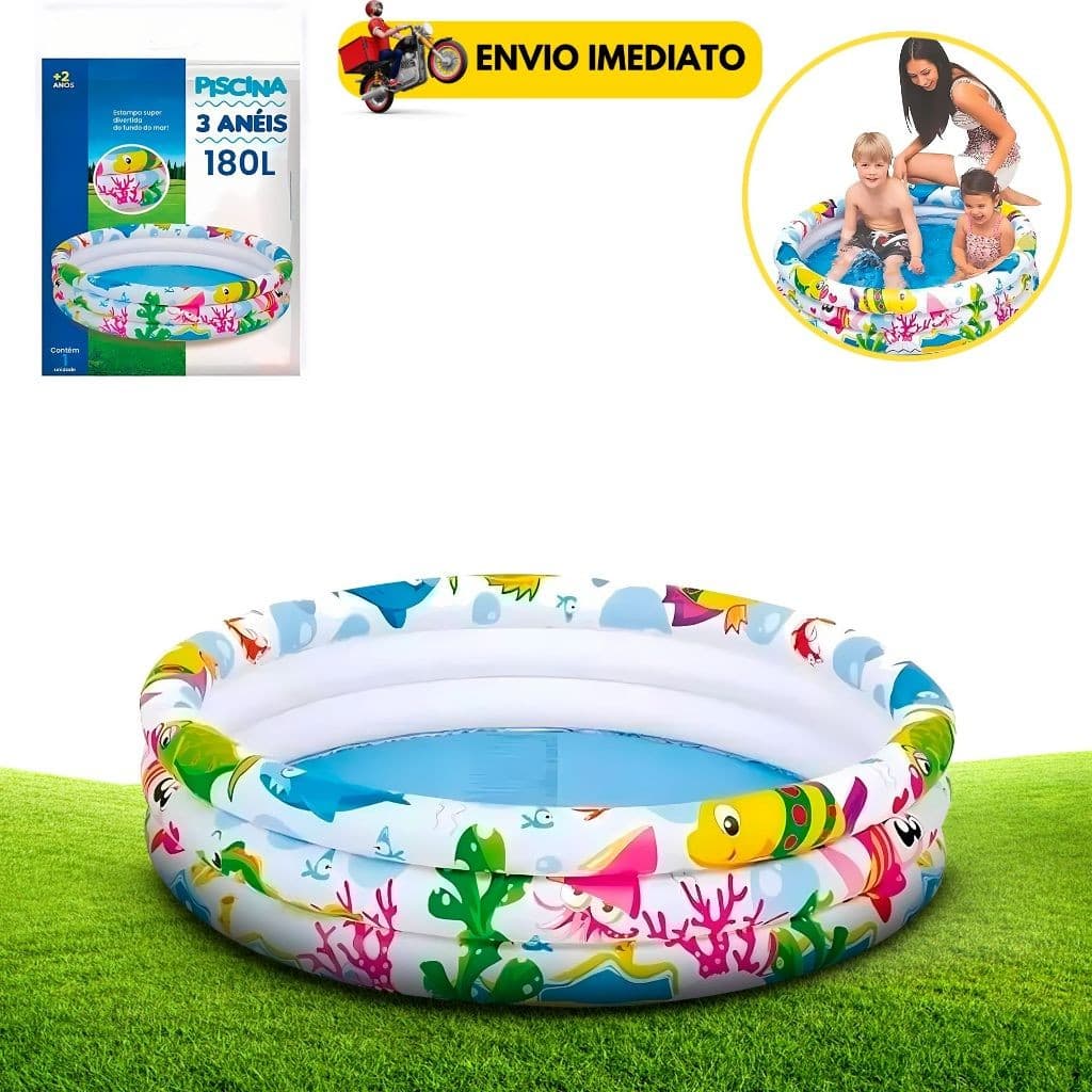 Piscina Inflável Infantil 3 Anéis Transparente 180 Litros Fundo Do Mar Para Crianças, Campo, Praia, Piscina, Resistente
