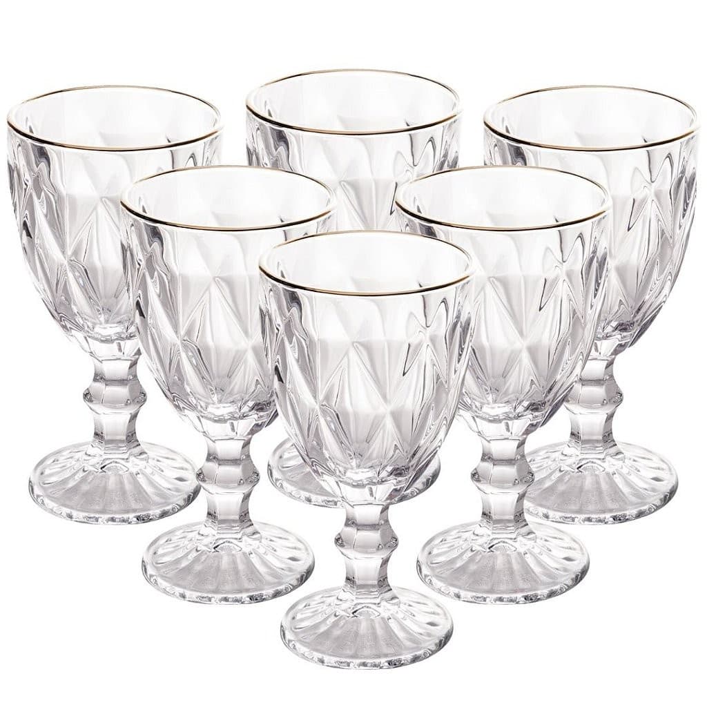 Jogo 6 Taças Diamante Transparente Borda Dourada 340ml - VivaFlor