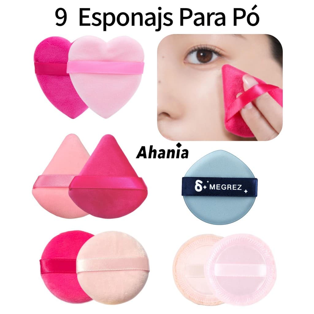 Kit de 9 Esponjas Para Pó de Veludo Triangular Redondo Coração Para Blush Pó Compacto, Iluminador, Pó Banana Translucido