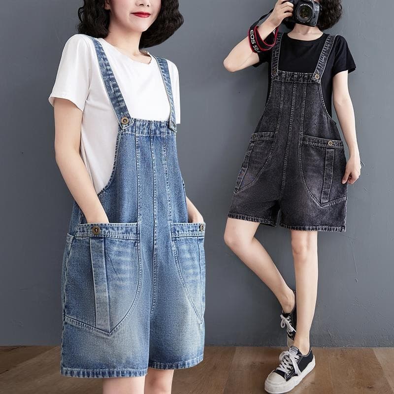 Macacão jeans Shorts feminino verão estudantes reduzindo a idade estilingue macacão solto W