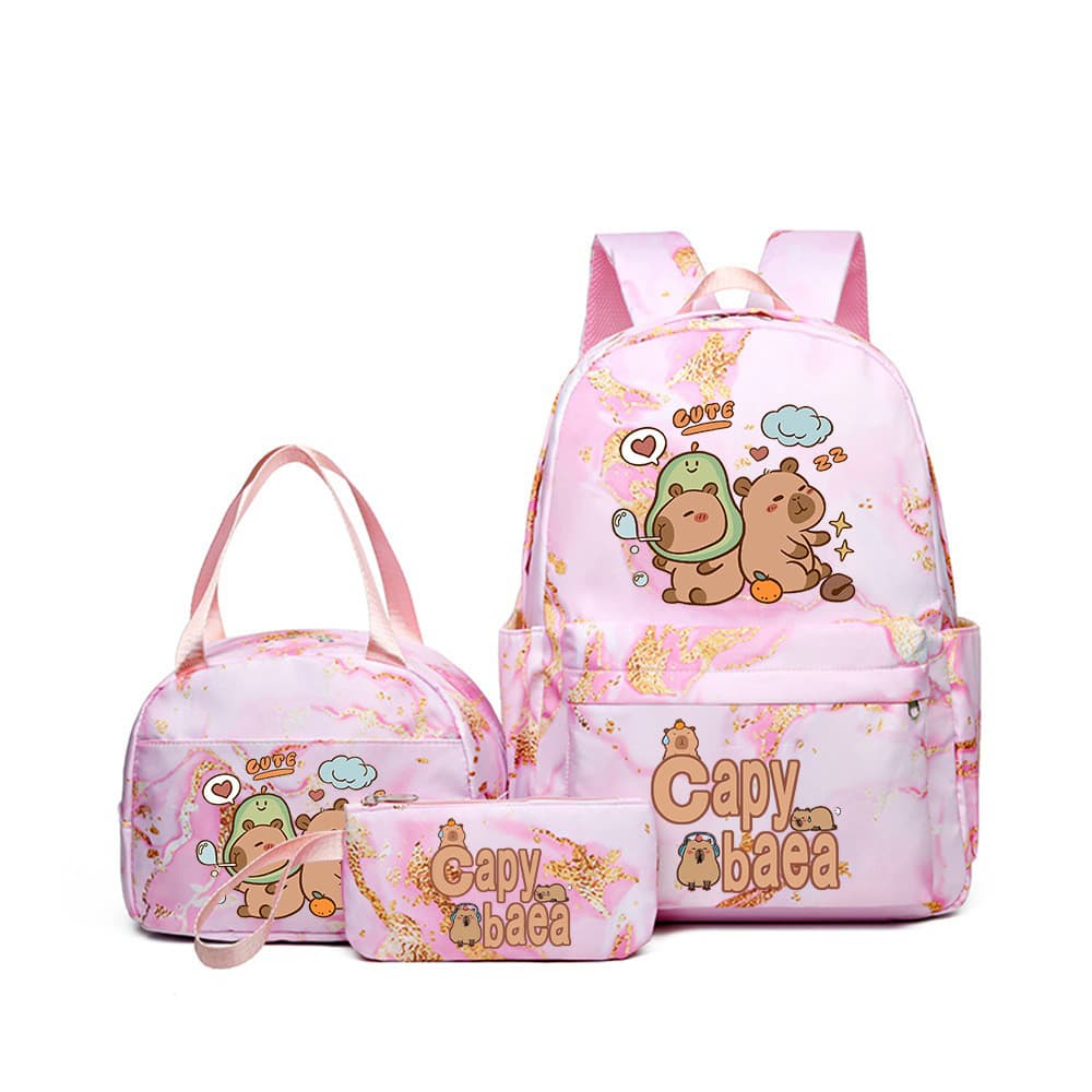 Mochila de Moda de Capivara Cartoon, Bolsa de Estudante da Escola Primária Capy Baea, Estojo de Lápis, Conjunto de Três