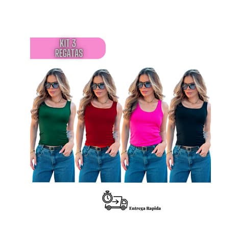 Kit 3 Blusas Regata Feminina Alça Larga / Blusinhas Feminina Alça Grossa Viscolycra
