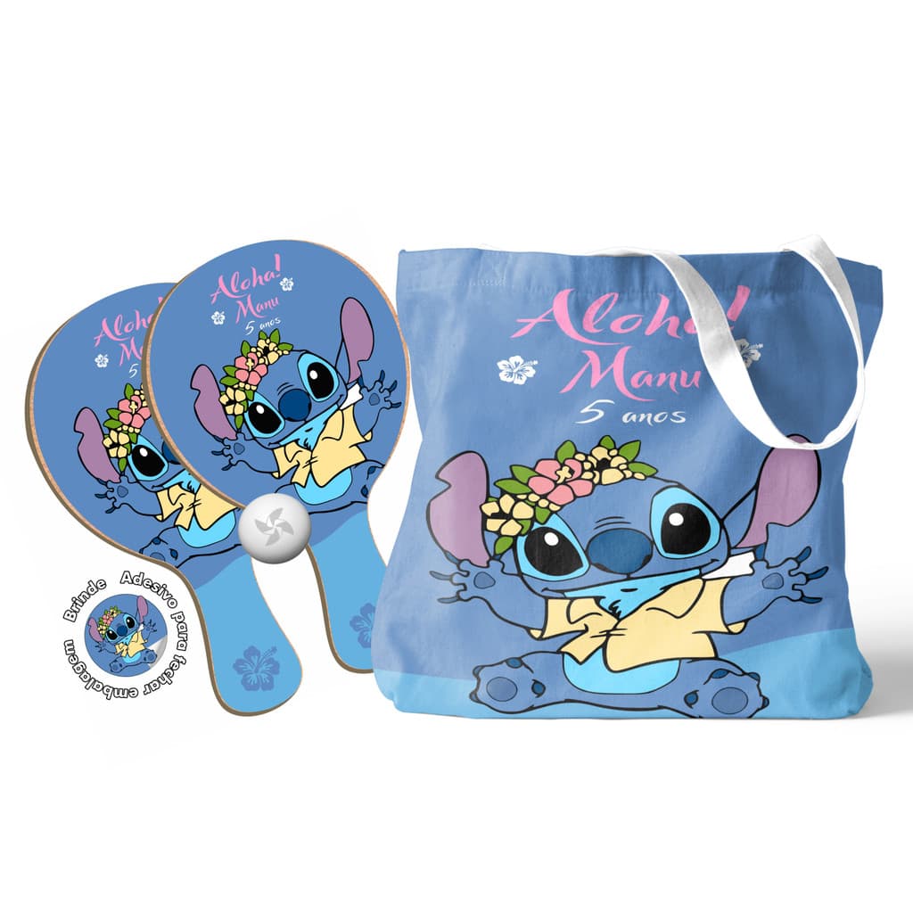 7/10/15/20/25 - Kit Sacola tecido e Raquete Ping Pong - Lilo & Stitch