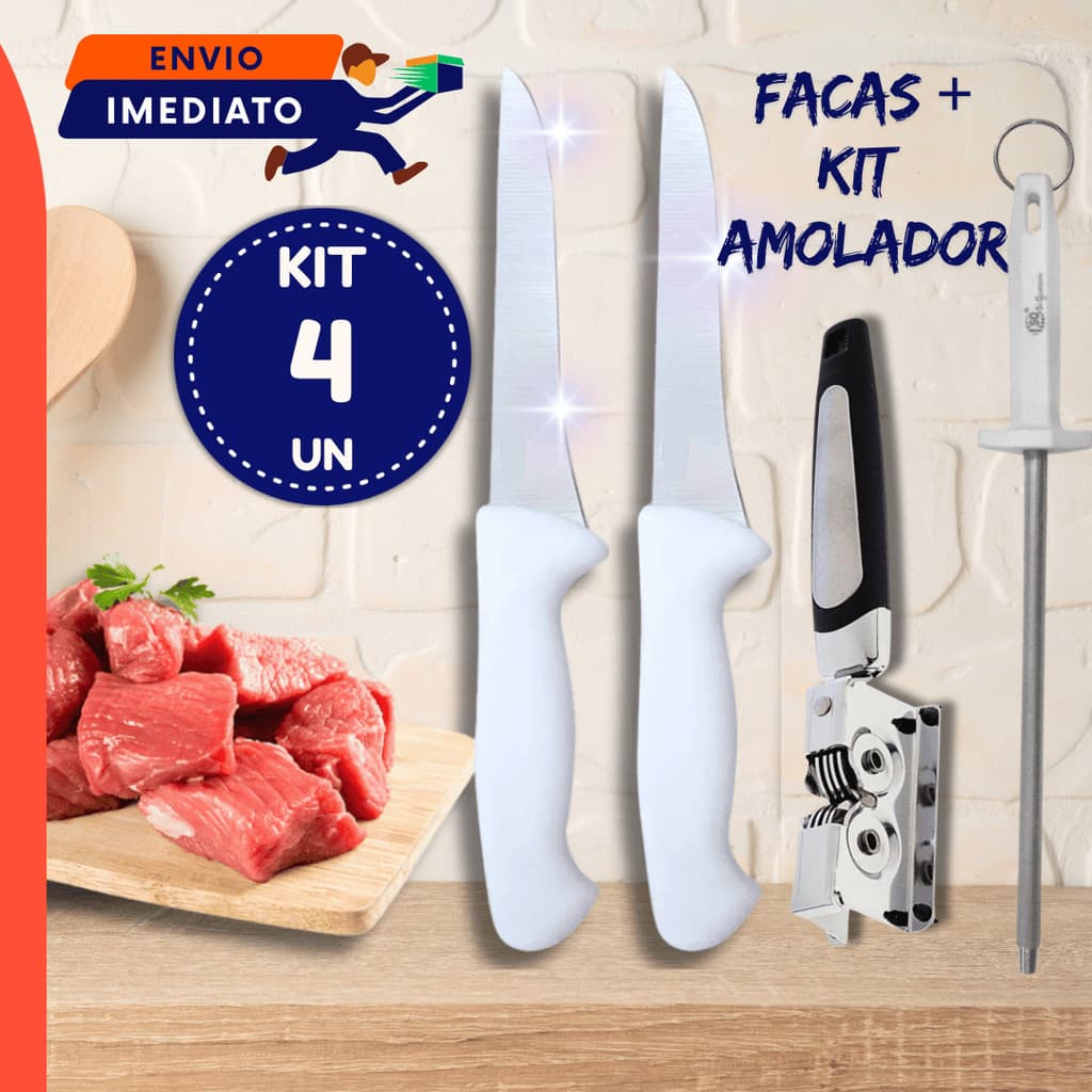 Faca Top Chef Inox 6" + Chaira + Amolador Manual Cozinha 2 3 4 Unidades
