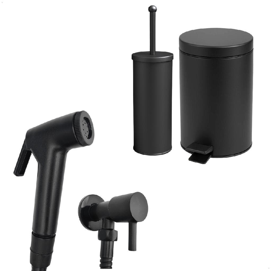 Kit Ducha Higiênica Preta Redonda E Lixeira 3L com Escova Sanitária Suporte Aço Inox Preto Fosco