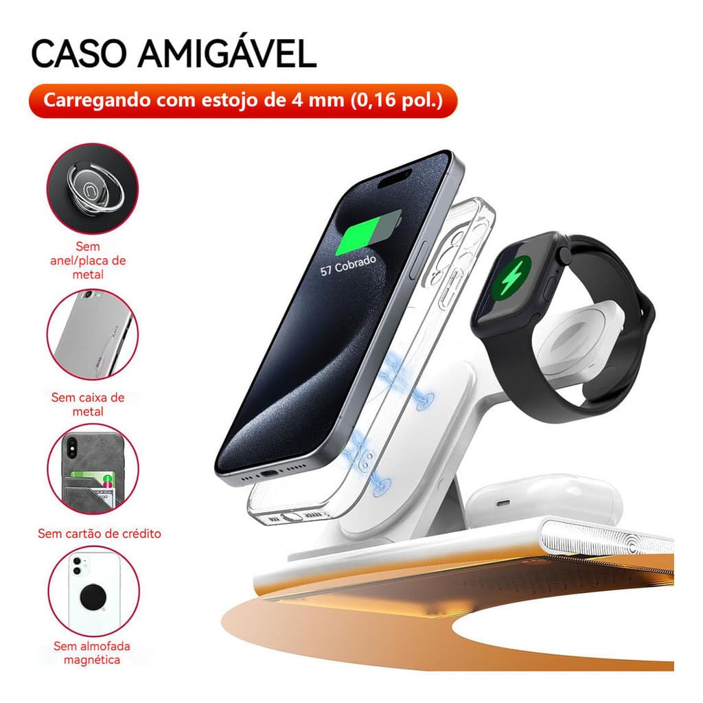 Apple Android carregador  Base de carregamento por indução 3 em 1  relógio para Apple Android 15W