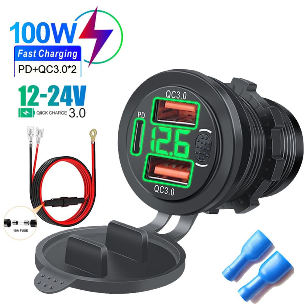 12/24V Três Portas USB Carregador Tomada-C PD & Duplo QC 3.0 Para Carro Motocicleta Com Voltímetro E Interruptor De Alim