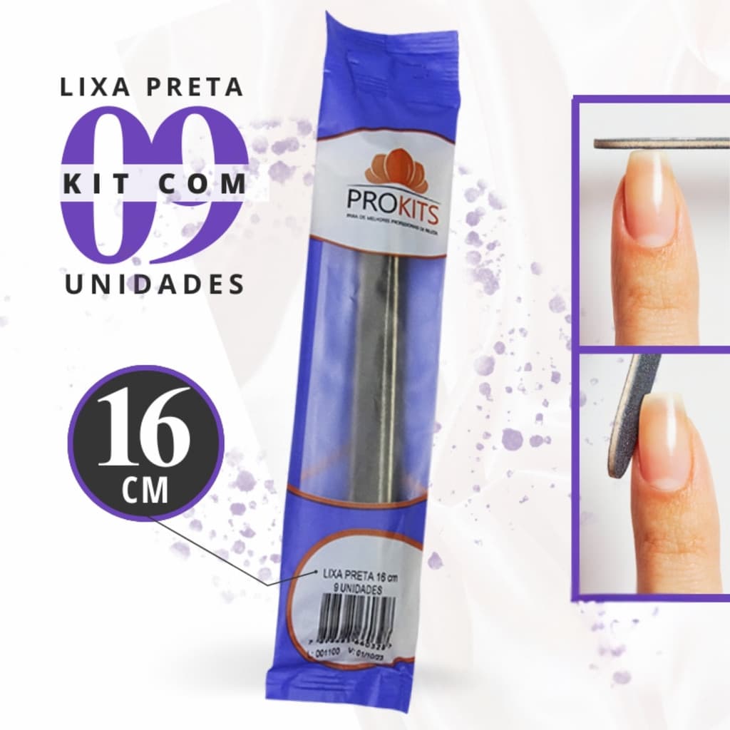 Lixa de Unhas Preta - 16cm - Pacote com 9 - Prokits