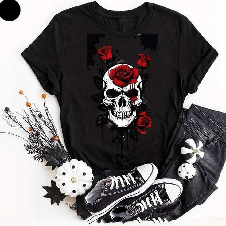 Camiseta Unissex Premium 100% Algodão Estampa Caveira Flores
