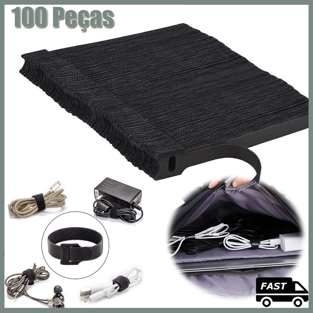 Kit 100 Peças Abraçadeiras Velcro Prendedor de Cabo Fita Organizar Cabos Fios Enrolar Presilha 15cm preta