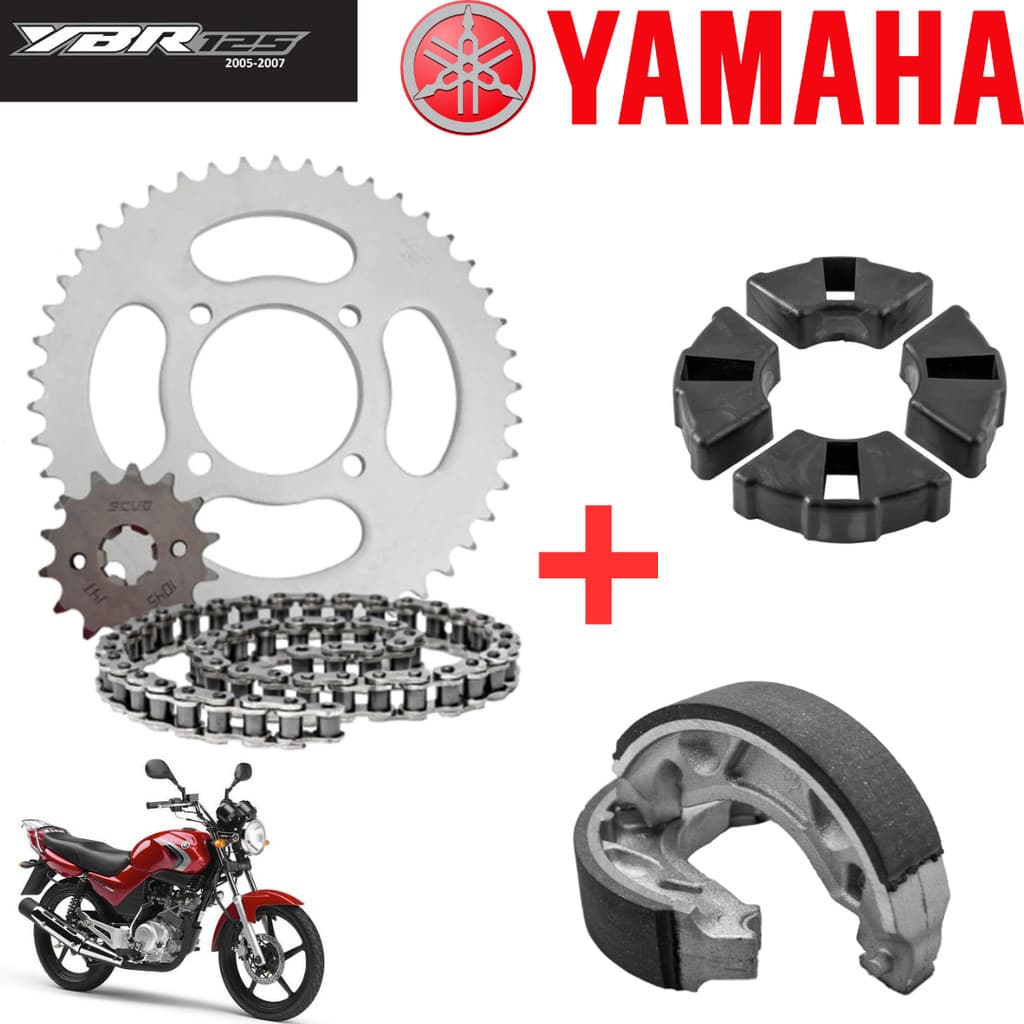 Kit Transmissão Relação YBR 125 + Coxim Da Coroa + Patins (Lona De Freio) ANO 2000 Até 2008