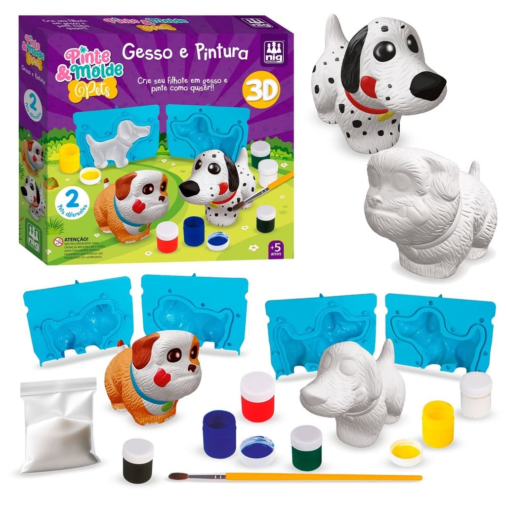 Kit Pintura E Molde Pets Infantil Pedagógico Com Animais De Gesso Guache Pincel E Moldes 3D - Nig