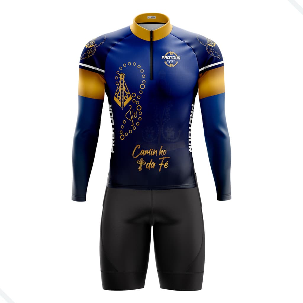 CONJUNTO CICLISMO MSACULINO BERMUDA E CAMISA MANGA LONGA CAMINBHO DA FÉ AZUL COM BOLSOS UV50+
