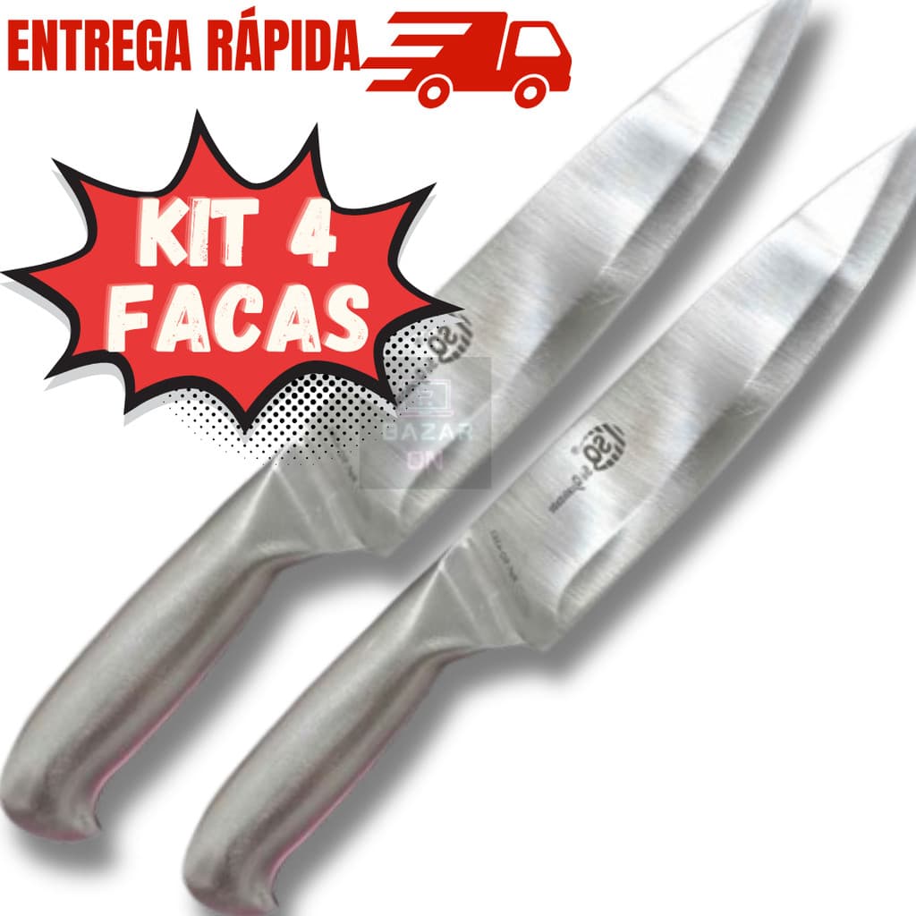 Kit 4 Facas De Cozinha Churrasco Peixeira Toda Aço Inox Escovado Inteiriça 7” Afiada Cabo Inox