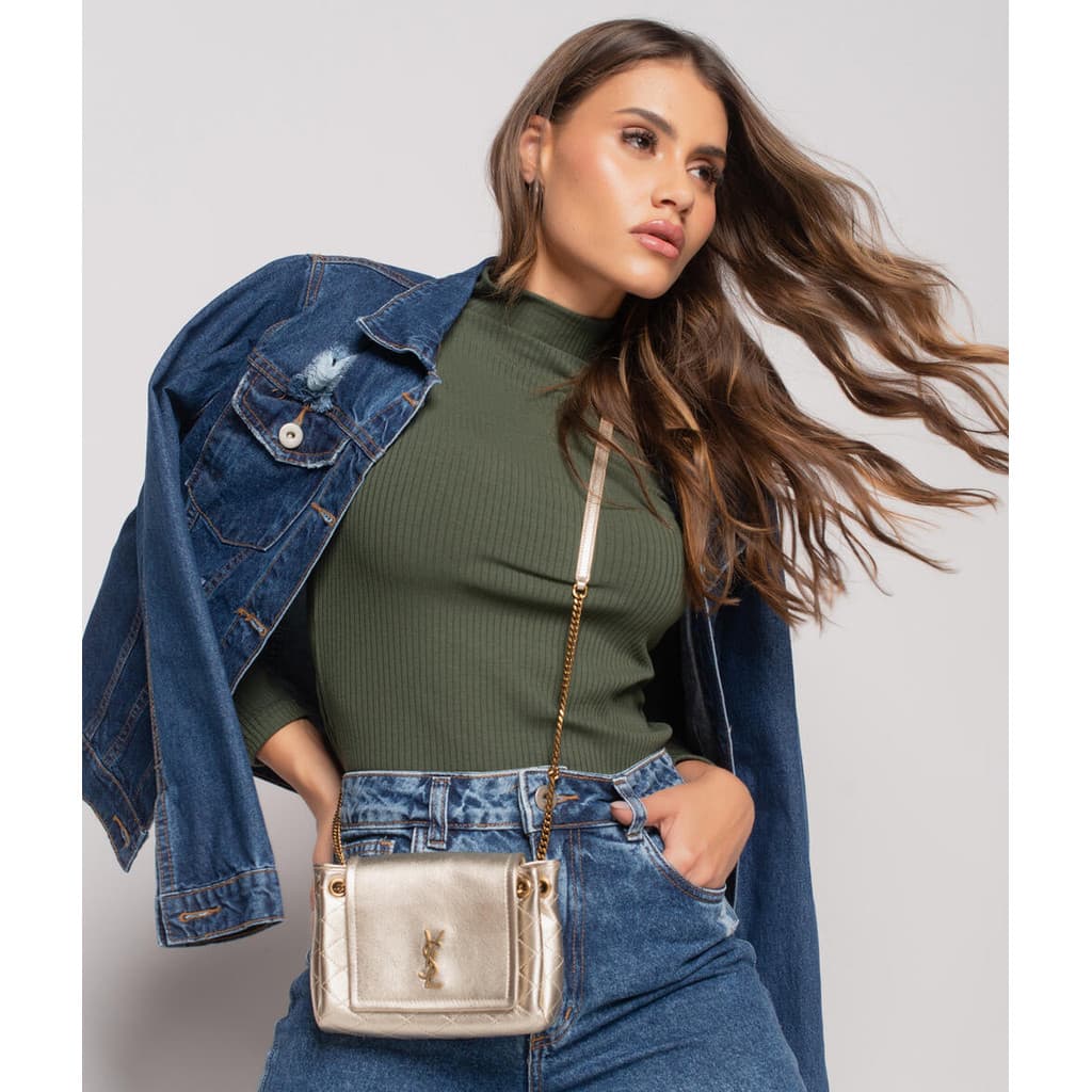 Blusa Gola Alta Manga Longa Malha Canelada Salvatore Fashion