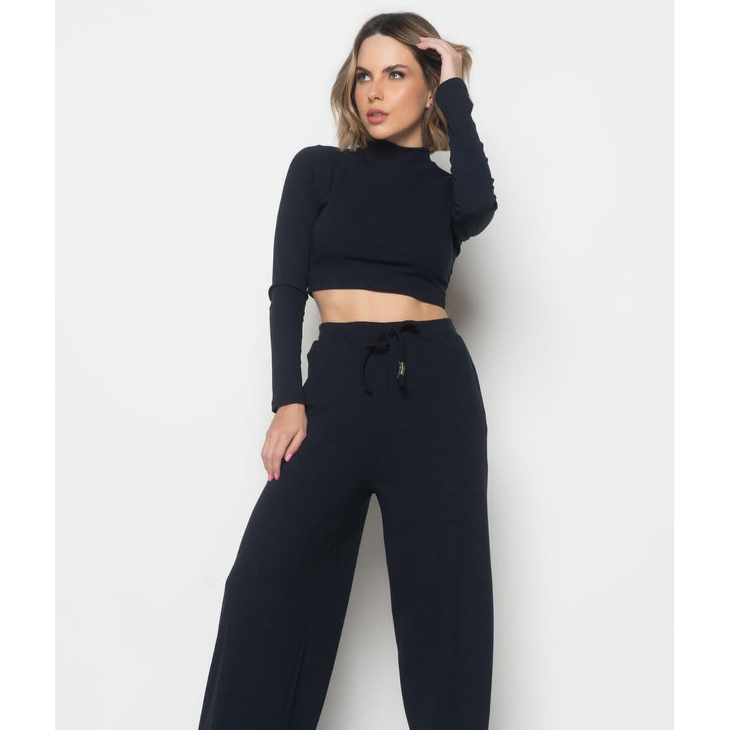 Calça Wide Leg Malha Canelada Salvatore Fashion