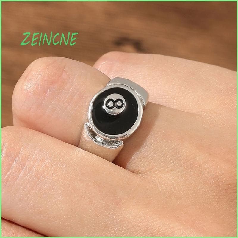 ZEIN Punk Preto Oito Anel Bilhar Aberto Ajustável Metal Prata Cor