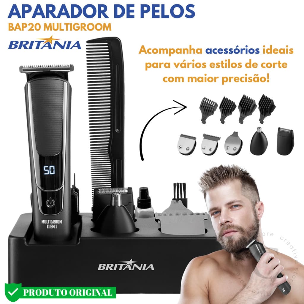 Máquina Aparador de pelos Britania BAP20 11 em 1 Com Acessórios - Bivolt - Original + Nota fiscal