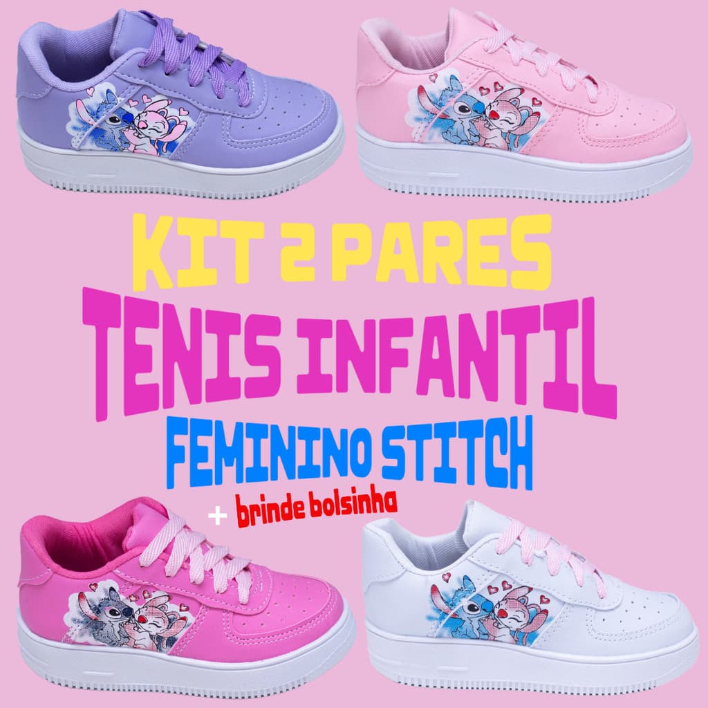 Kit 2 Pares Tênis Stitch Infantil Menina Modinha Feminino Confortável Promoção + Bolsinha de Brinde