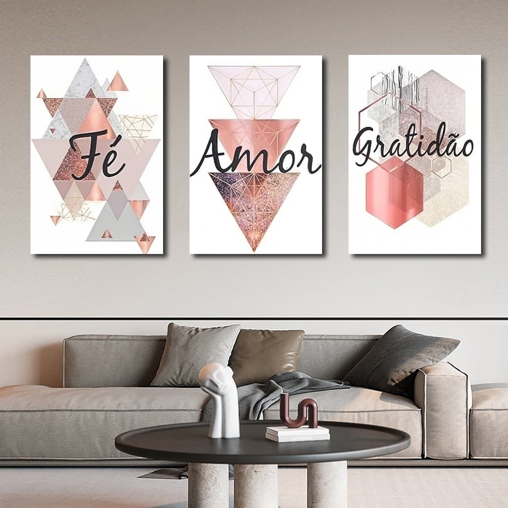 3KIT Quadros Decorativos 3 Peças Faith Love Gratidão 20x30cm Sala De Estar Quarto Escritório