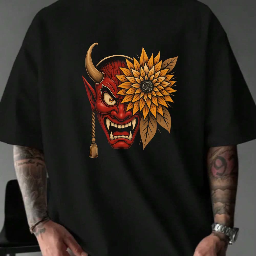Camiseta Masculina Demônio com Flor Streetwear 2025 Novo Blusa Unissex