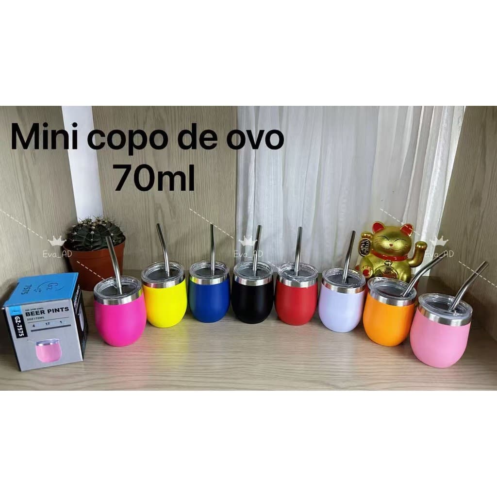 Kit 3 Mini Copo Ovo Cuia Térmica 70ml Em Inox Com Tampa Acrílica com Canudos de aço inoxidável